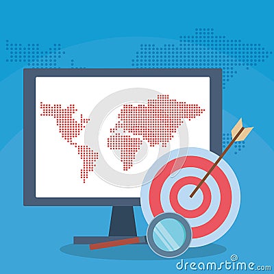 Success start up business computer target magnifier world Vector Illustration