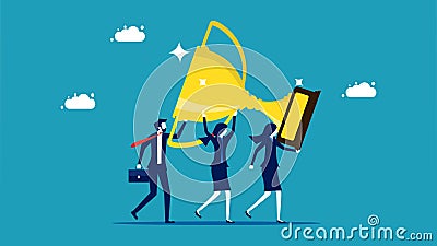 The success of the team. Engaging people in the celebration business team hold trophies Vector Illustration