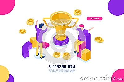Success team isometric icon, business solutions, victory celebration, happy business people cartoon flat, financial Vector Illustration