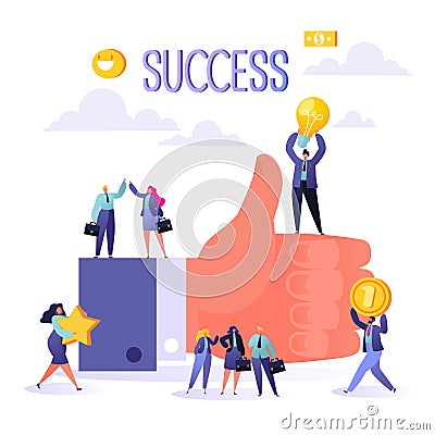 Concept of teamwork business success. Big hand with thumb up and happy flat people characters.Men and women celebrating victory. Vector Illustration