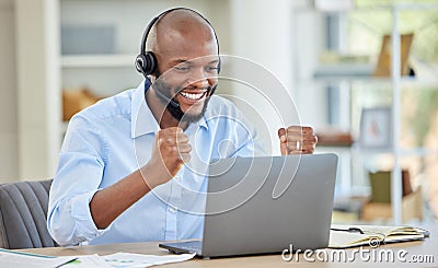 Success, winner or black call center man with laptop in customer service, contact us or CRM consulting achievement Stock Photo