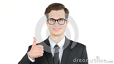 success and winning concept - happy business man giving thumbs up Stock Photo
