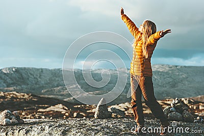 Success Woman happy emotions outdoor in mountains Stock Photo