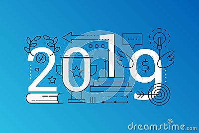 Success 2019 word trendy composition concept banner. Outline stroke Success solution, leadership, vision strategy. Flat Vector Illustration