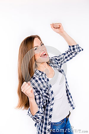 Successful achieving the goal. Happy girl gesturing Stock Photo