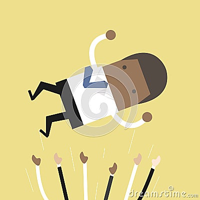 Successful African businessman being throwing up in the air by his colleagues, for winner or success business concept. Vector Illustration