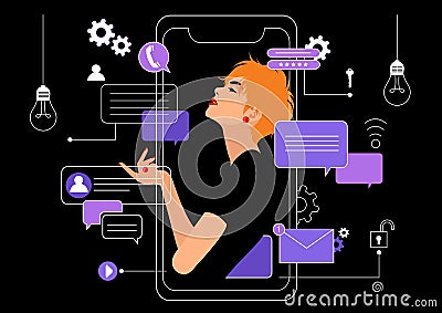 Successful ambitious woman in work on black background. Vector Illustration