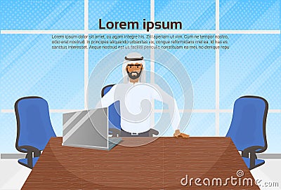 Successful Arab Business Man Working At Laptop Computer In Office Vector Illustration