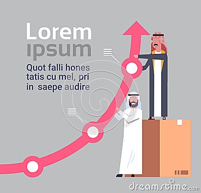 Successful Arab Businessmen Hold Growing Financial Arrow Success And Teamwork Concept Vector Illustration