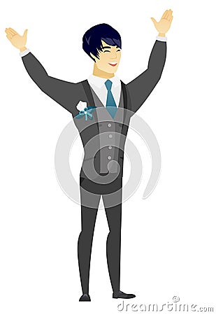 Successful asian bridegroom jumping. Vector Illustration