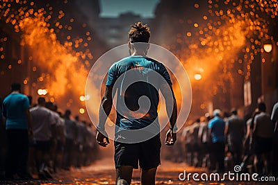 Successful, athlete stands on the street among walking people and burning torches, victory concept Stock Photo