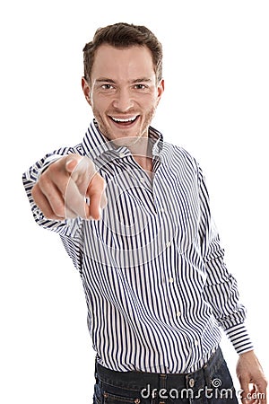 Successful attractive business man in blue pointing finger at ca Stock Photo
