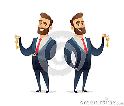 Successful beard businessman character hold a key of car, house or apartment. Business concept illustration Vector Illustration