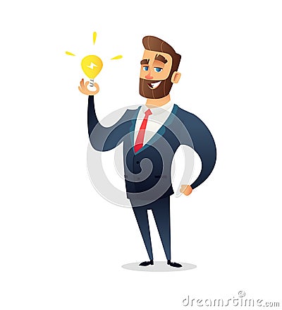 Successful beard businessman character holding light bulb. Big idea concept. Symbol of having business inspiration Vector Illustration