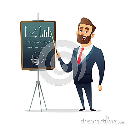 Successful beard businessman character standing near presentation screen board. Business training, meeting or seminar Vector Illustration