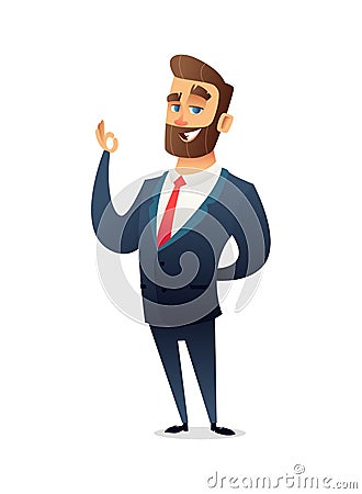 Successful beard businessman character in suit showing ok sign. Business concept illustration Cartoon Illustration