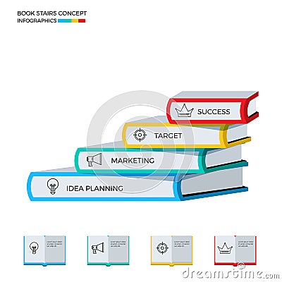 Successful book stairs infographics template. Stairs step made of books to success. Vector Illustration