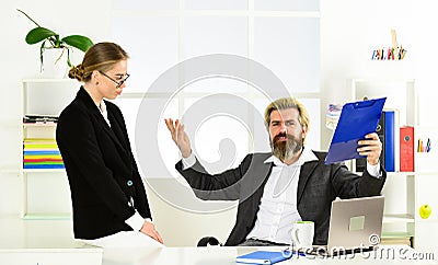 Successful business. Business couple working. Couple in office. Distribute obligations and organize work team. Man and Stock Photo