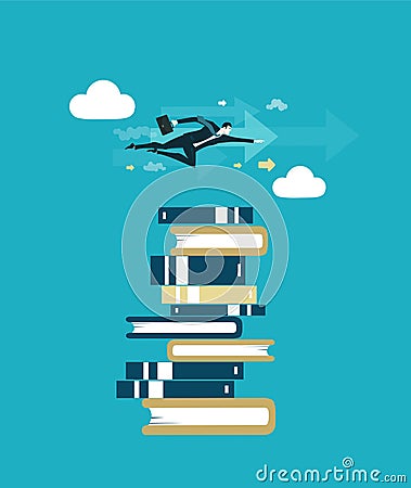 Successful Business flying over big book pile, surrounded by business communicative icons Stock Photo