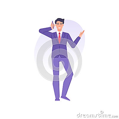 Successful business male tie suit calling mobile phone discussing business vector flat illustration Vector Illustration