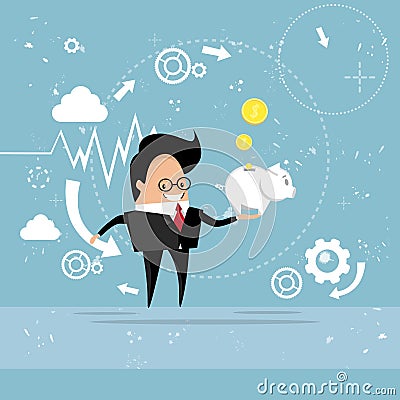 Successful Business Man Hold Money Piggy Bank Finance Success Vector Illustration