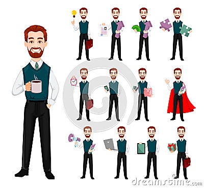 Successful business man, set of thirteen poses Vector Illustration