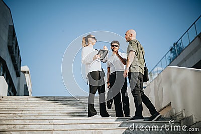 Successful Business Partners Discussing Project Details Outdoors Stock Photo