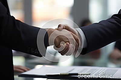 Successful business partners signing agreement with ample space for customizable text Stock Photo