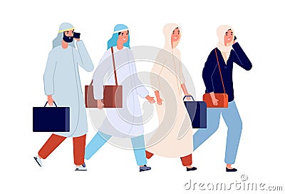 Successful business team. Arab female working, man woman office managers. Friends walking together, friendship or Vector Illustration