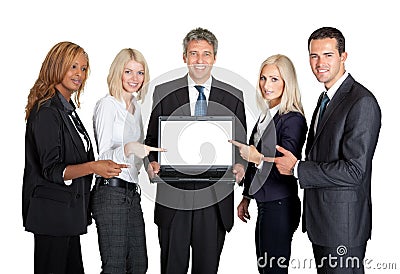 Successful business team displaying a laptop Stock Photo