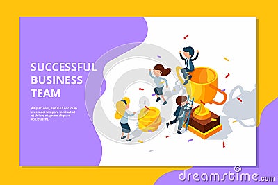 Successful business team. Trophy for professional destination prize for group award businessmen celebrating vector Vector Illustration