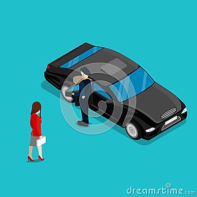 Successful Business Woman Near Luxury Car. Isometric People Vector Illustration
