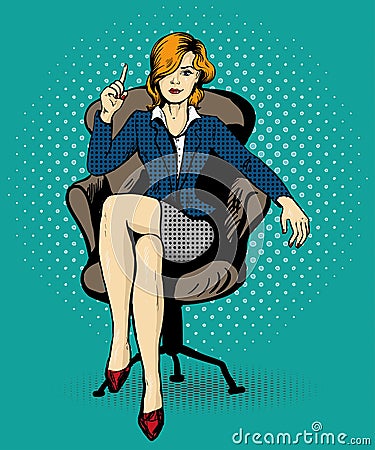 Successful business woman sit in chair vector illustration in comic pop art style Vector Illustration