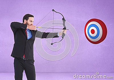 Successful businessman aiming target with bow and arrow against purple background Stock Photo