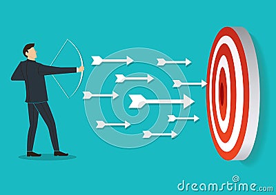 Successful businessman aiming target with bow and arrow Vector Illustration