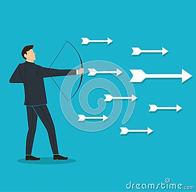 Successful businessman aiming target with bow and arrow Vector Illustration