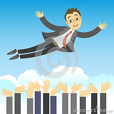 Successful businessman being thrown in the air by his teamwork Vector Illustration