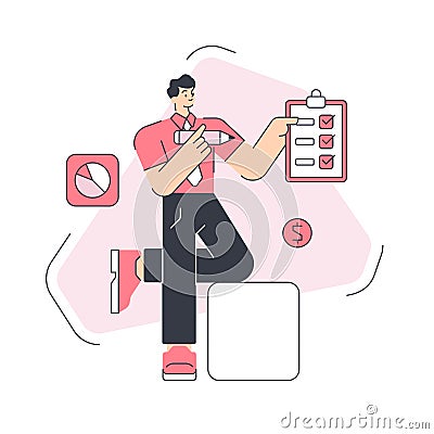 Successful businessman checking to do list checkmark clipboard achievement goal document vector flat Vector Illustration