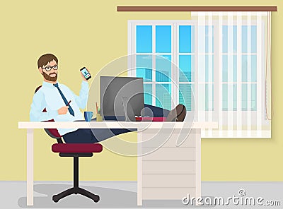 Successful businessman having rest on workplace in office. Vector Illustration