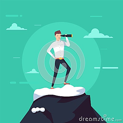 Successful businessman holding spyglass stand on top of mountain. Searching for new business opportunity. Vector Illustration