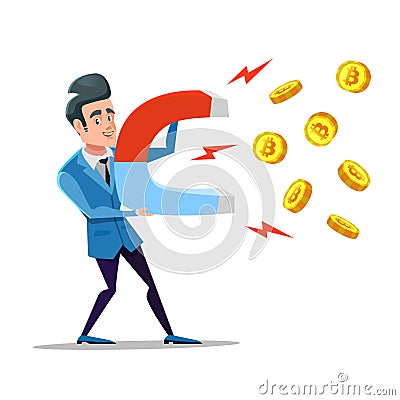 Successful Businessman Mining Bitcoin with Big Magnet. Crypto Currency Market Concept Vector Illustration