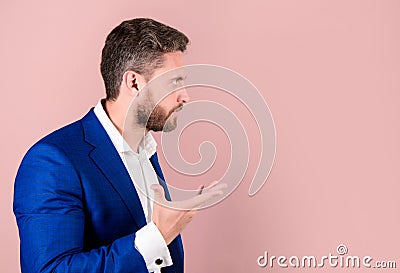 Successful businessman motivational inspiring speech pink background copy space. Businessman motivating colleagues. Man Stock Photo