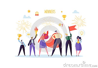 Successful Businessman with Prize. Business Success Teamwork Concept. Manager with Winning Trophy Cup. Leader Man Vector Illustration