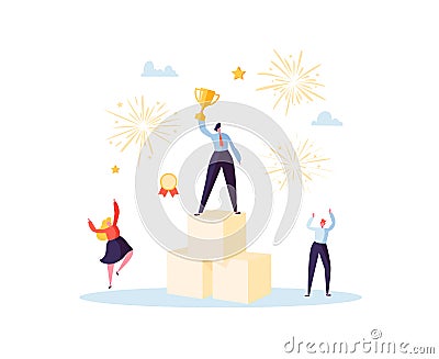 Successful Businessman with Prize on Podium. Business Success Teamwork Concept. Manager with Winning Trophy Cup. Leader Vector Illustration