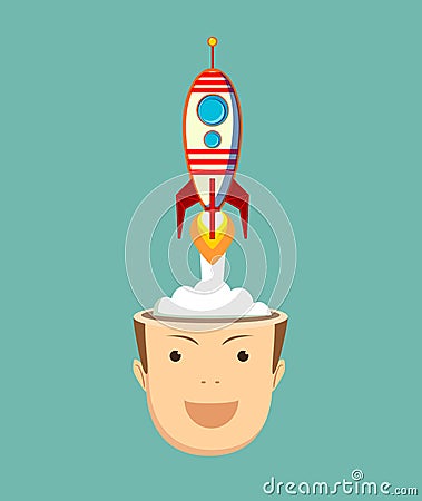 Successful businessman with rocket ship launching from his head. Vector Illustration