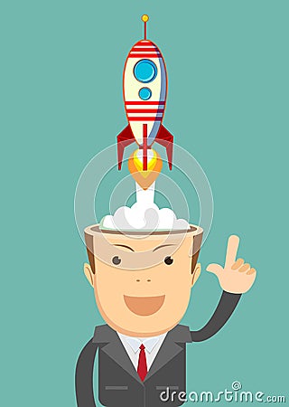 Successful businessman with rocket ship launching from his head. Vector Illustration