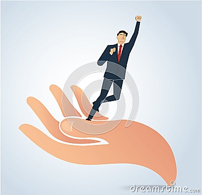 Successful businessman standing on big hand vector, business concept Vector Illustration