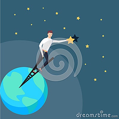 Successful businessman standing on ladder of success and reaching goals holding a star. Business achievement of the goal Stock Photo