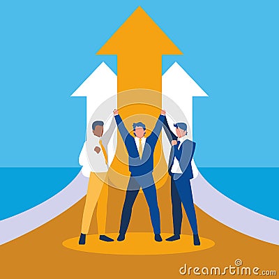 Successful businessmen celebrating with arrows up Vector Illustration