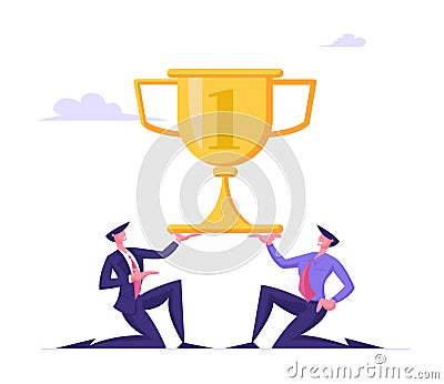 Successful Businessmen Stand on Knees Holding Huge Golden Goblet in Hands with Engraved Number One. Business Pyramid Vector Illustration